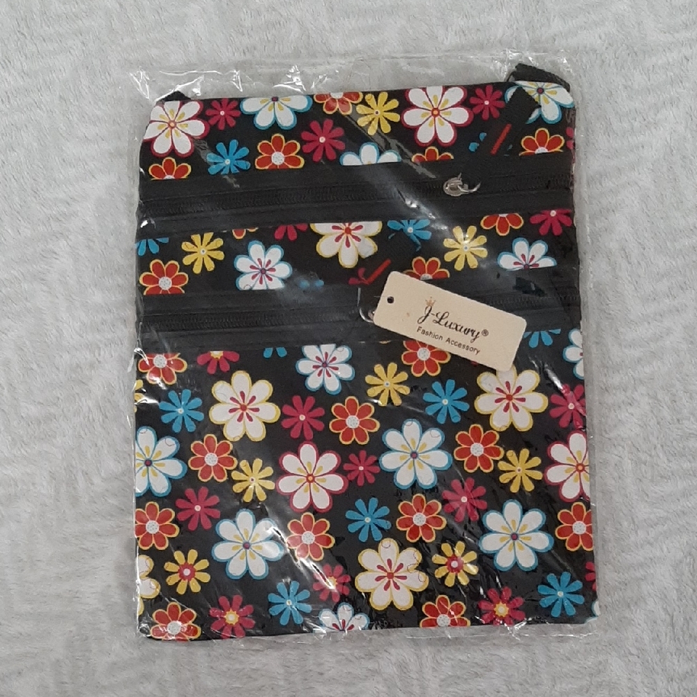 Floral Crossbody Pouch in Black with Multi-Color Flowers